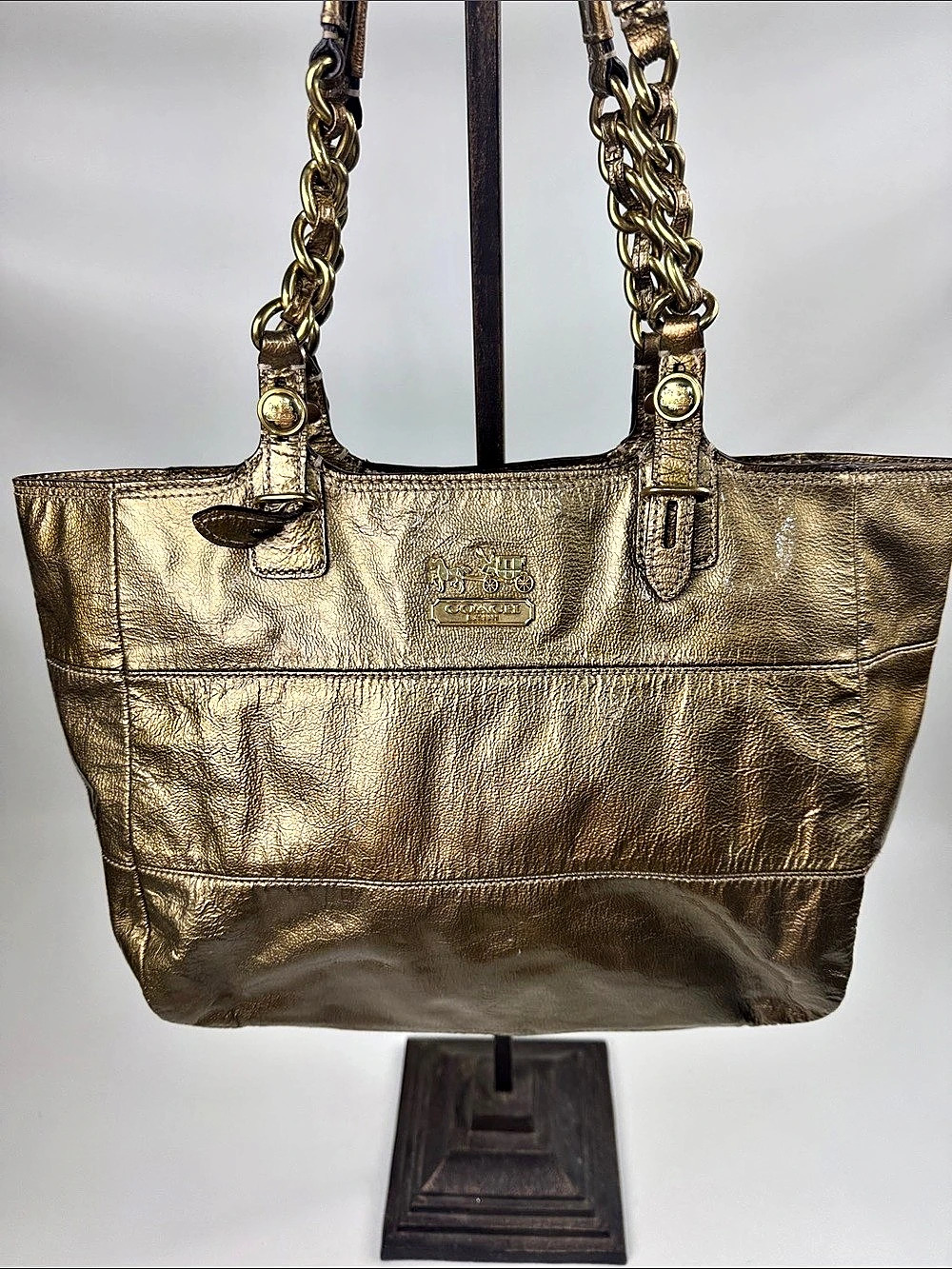 Vintage Coach Glam Tote Shiny Gold Leather Tote bag Blue lined Chain strap